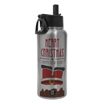 Merry christmas chimney, Metal mug thermo Silver with Straw and Spout Lid (Stainless steel), double wall, 950ml