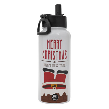 Merry christmas chimney, Metal mug thermo White with Straw and Spout Lid (Stainless steel), double wall, 950ml