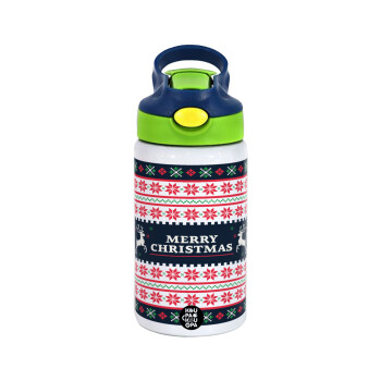 Merry Christmas Vintage, Children's hot water bottle, stainless steel, with safety straw, green, blue (350ml)