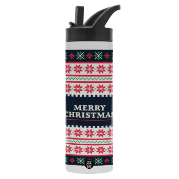 Merry Christmas Vintage, Metallic thermos bottle with straw & handle, stainless steel (Stainless steel 304), double-walled, 600ml.