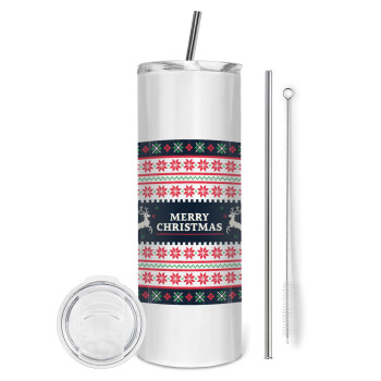 Merry Christmas Vintage, Tumbler ποτήρι θερμό από ανοξείδωτο ατσάλι 600ml, με μεταλλικό καλαμάκι & βούρτσα καθαρισμού