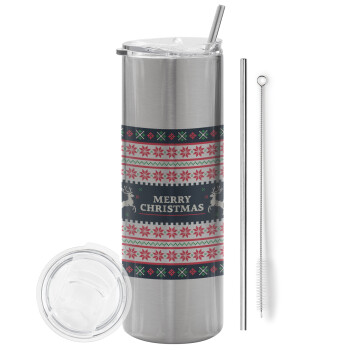 Merry Christmas Vintage, Eco friendly ποτήρι θερμό Ασημένιο (tumbler) από ανοξείδωτο ατσάλι 600ml, με μεταλλικό καλαμάκι & βούρτσα καθαρισμού