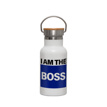 I am the Boss, Μεταλλικό παγούρι θερμός (Stainless steel) Λευκό με ξύλινο καπακι (bamboo), διπλού τοιχώματος, 350ml