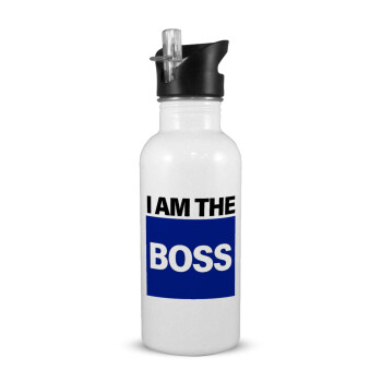 I am the Boss, White water bottle with straw, stainless steel 600ml