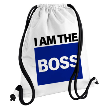I am the Boss, Τσάντα πλάτης πουγκί GYMBAG λευκή, με τσέπη (40x48cm) & χονδρά κορδόνια