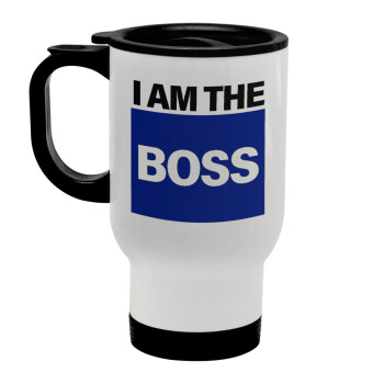 I am the Boss, Stainless steel travel mug with lid, double wall white 450ml