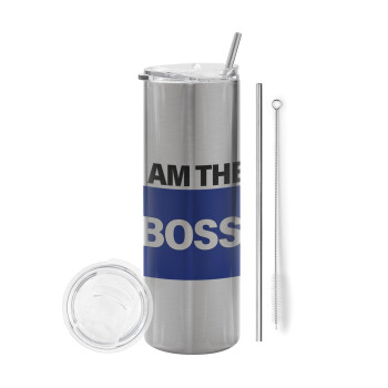 I am the Boss, Tumbler ποτήρι θερμό Ασημένιο από ανοξείδωτο ατσάλι 600ml, με μεταλλικό καλαμάκι & βούρτσα καθαρισμού