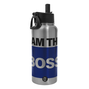 I am the Boss, Metal mug thermo Silver with Straw and Spout Lid (Stainless steel), double wall, 950ml