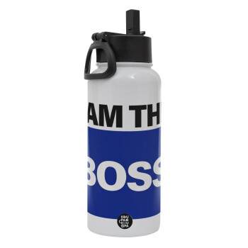 I am the Boss, Metal mug thermo White with Straw and Spout Lid (Stainless steel), double wall, 950ml