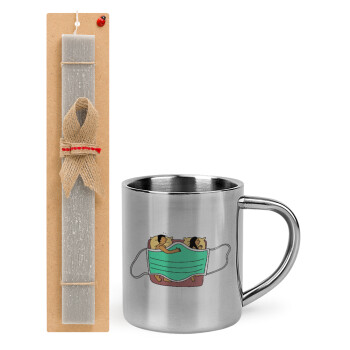 Couple in bed, Easter Set, metallic thermal cup (300ml) & Easter aromatic flat candle (30cm) (GRAY)