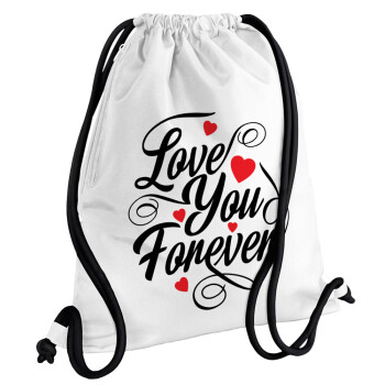 Love you forever, Τσάντα πλάτης πουγκί GYMBAG λευκή, με τσέπη (40x48cm) & χονδρά κορδόνια