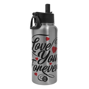 Love you forever, Metal mug thermo Silver with Straw and Spout Lid (Stainless steel), double wall, 950ml