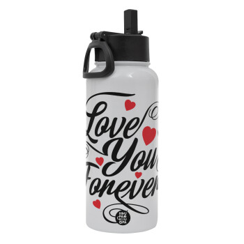 Love you forever, Metal mug thermo White with Straw and Spout Lid (Stainless steel), double wall, 950ml