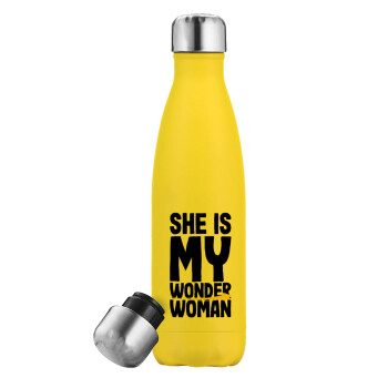 She is my wonder woman, Yellow Stainless Steel Metallic Thermos, double-walled, 500ml