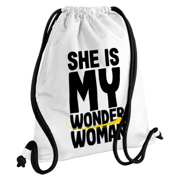 She is my wonder woman, Τσάντα πλάτης πουγκί GYMBAG λευκή, με τσέπη (40x48cm) & χονδρά κορδόνια