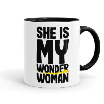 She is my wonder woman, Mug colored black, ceramic, 330ml