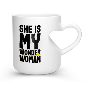 She is my wonder woman, Κούπα καρδιά λευκή, κεραμική, 330ml