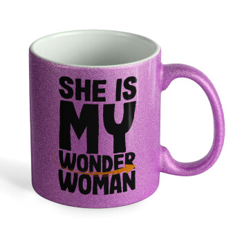 She is my wonder woman, Κούπα Μωβ Glitter που γυαλίζει, κεραμική, 330ml