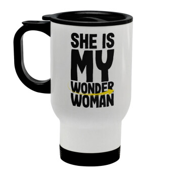 She is my wonder woman, Stainless steel travel mug with lid, double wall white 450ml