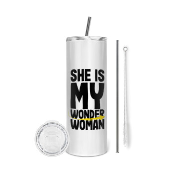 She is my wonder woman, Tumbler ποτήρι θερμό από ανοξείδωτο ατσάλι 600ml, με μεταλλικό καλαμάκι & βούρτσα καθαρισμού