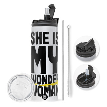 She is my wonder woman, Travel Tumbler θερμό με διπλό καπάκι, μεταλλικό καλαμάκι και βούρτσα καθαρισμού (Ανωξείδωτο 304 Food grade, BPA free, 600ml)