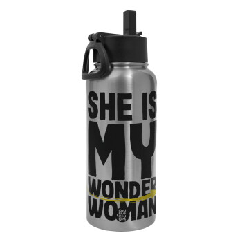 She is my wonder woman, Metal mug thermo Silver with Straw and Spout Lid (Stainless steel), double wall, 950ml