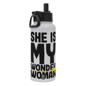 She is my wonder woman, Metal mug thermo White with Straw and Spout Lid (Stainless steel), double wall, 950ml