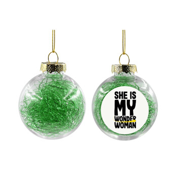 She is my wonder woman, Χριστουγεννιάτικη μπάλα δένδρου διάφανη με πράσινο γέμισμα 8cm