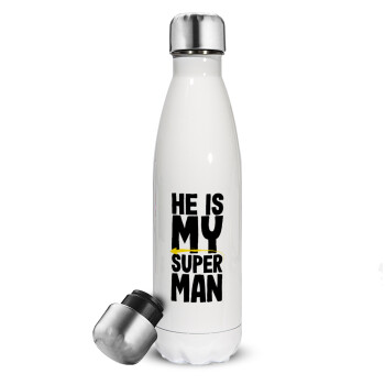 He is my superman, Metal mug thermos White (Stainless steel), double wall, 500ml