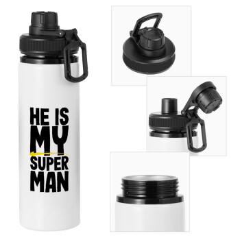He is my superman, Μεταλλικό παγούρι νερού με καπάκι ασφαλείας, αλουμινίου 850ml