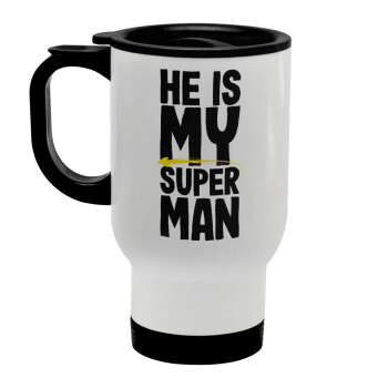He is my superman, Stainless steel travel mug with lid, double wall white 450ml
