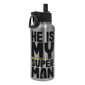 He is my superman, Metal mug thermo Silver with Straw and Spout Lid (Stainless steel), double wall, 950ml