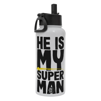 He is my superman, Metal mug thermo White with Straw and Spout Lid (Stainless steel), double wall, 950ml