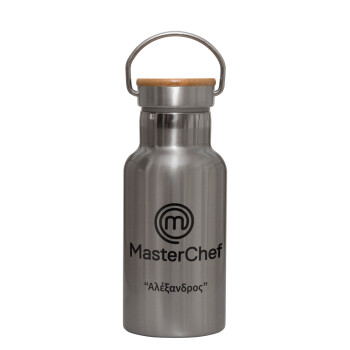 Master Chef, Stainless steel metallic thermos flask, silver with a bamboo lid, double-walled, 350ml.