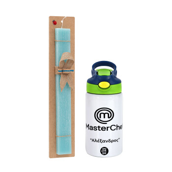 Master Chef, Easter Set, Children's thermal stainless steel bottle with safety straw, green/blue (350ml) & aromatic flat Easter candle (30cm) (TURQUOISE)