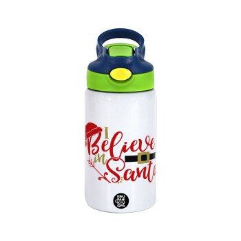 I believe in Santa, Children's hot water bottle, stainless steel, with safety straw, green, blue (350ml)