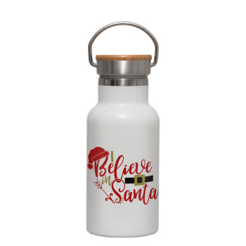 I believe in Santa, Metallic thermos (Stainless steel) White with wooden lid (bamboo), double-walled, 350ml