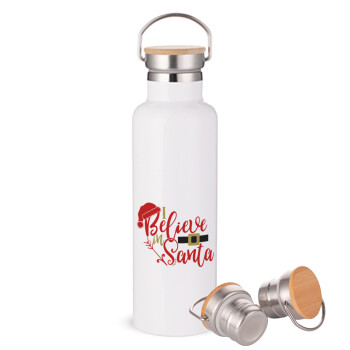 I believe in Santa, Stainless steel White with wooden lid (bamboo), double wall, 750ml