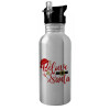 Water bottle Silver with straw, stainless steel 600ml