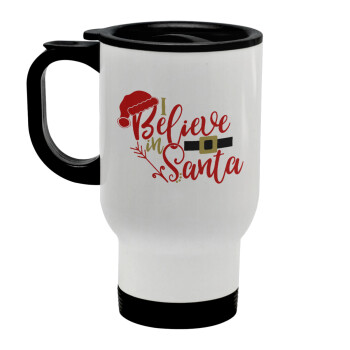I believe in Santa, Stainless steel travel mug with lid, double wall white 450ml