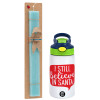 Easter Set, Children's thermal stainless steel bottle with safety straw, green/blue (350ml) & aromatic flat Easter candle (30cm) (TURQUOISE)