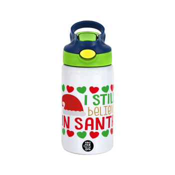 Ι still believe in Santa hearts, Children's hot water bottle, stainless steel, with safety straw, green, blue (350ml)