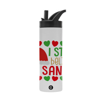 Ι still believe in Santa hearts, Metallic thermos bottle with straw & handle, stainless steel (Stainless steel 304), double-walled, 600ml.