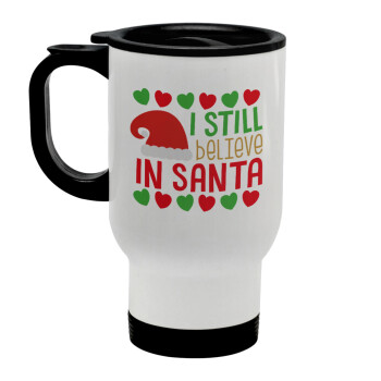 Ι still believe in Santa hearts, Stainless steel travel mug with lid, double wall white 450ml