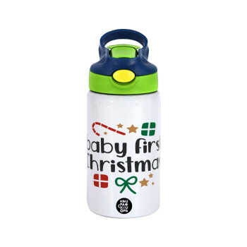 Baby first Christmas, Children's hot water bottle, stainless steel, with safety straw, green, blue (350ml)