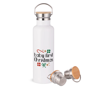 Baby first Christmas, Μεταλλικό παγούρι θερμός (Stainless steel) Λευκό με ξύλινο καπακι (bamboo), διπλού τοιχώματος, 750ml