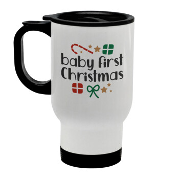 Baby first Christmas, Κούπα ταξιδιού ανοξείδωτη με καπάκι, διπλού τοιχώματος (θερμό) λευκή 450ml