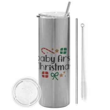 Baby first Christmas, Eco friendly ποτήρι θερμό Ασημένιο (tumbler) από ανοξείδωτο ατσάλι 600ml, με μεταλλικό καλαμάκι & βούρτσα καθαρισμού