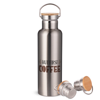 But first Coffee, Stainless steel Silver with wooden lid (bamboo), double wall, 750ml