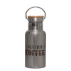 Stainless steel metallic thermos flask, silver with a bamboo lid, double-walled, 350ml.